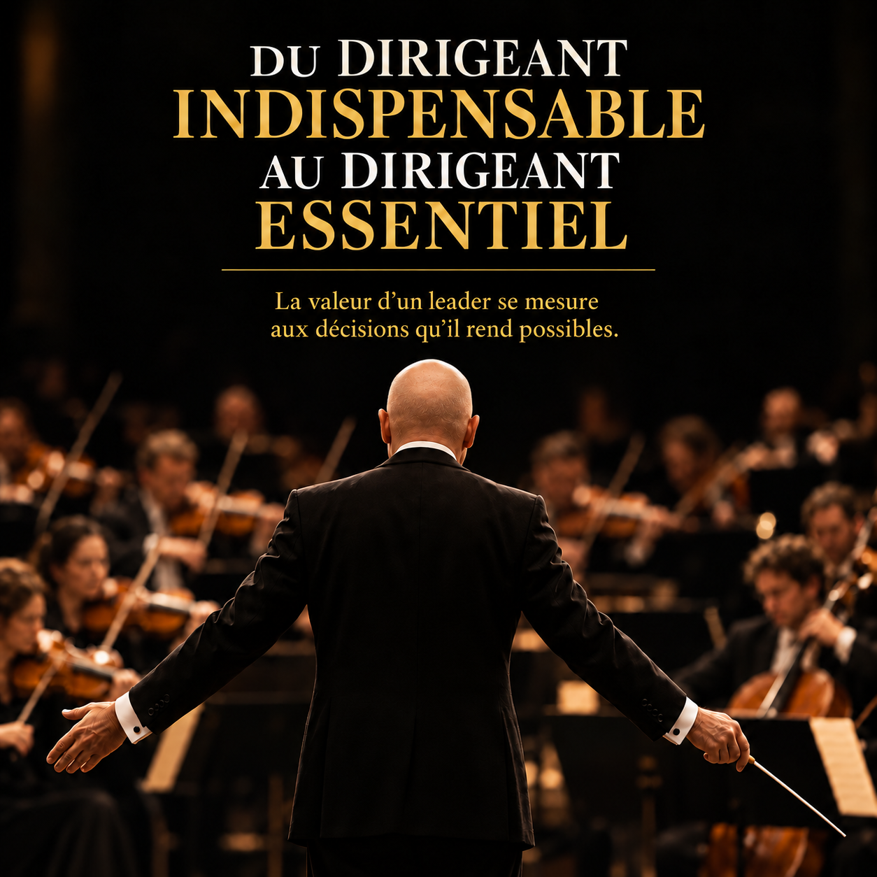 Un chef d’orchestre face à son ensemble, illustrant le passage du dirigeant indispensable au dirigeant essentiel